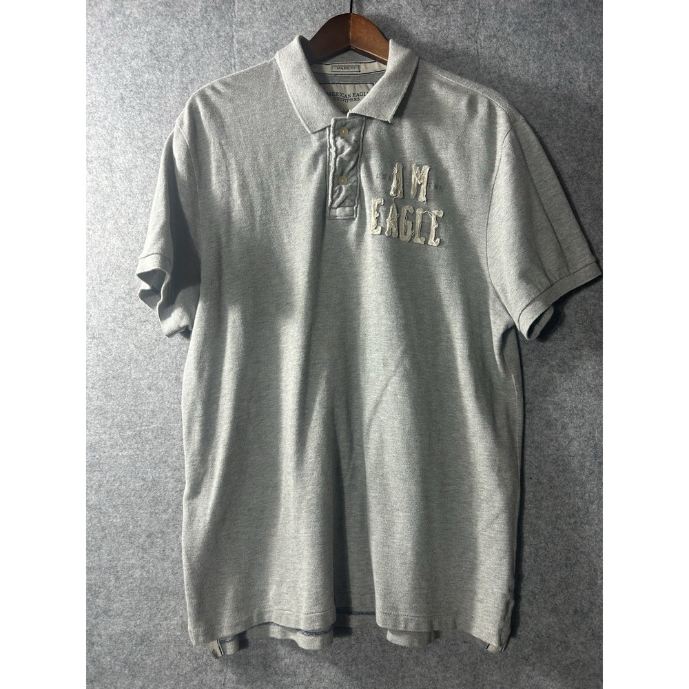 American Eagle AM Eagle Polo Shirt Mens Large Gray Athletic Fit Applique Y2K - Picture 2 of 7